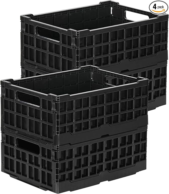 4-Pack Heavy Duty Stackable Storage Crates Plastic Collapsible Milk Crate Garage Organizing Bins Storage Containers for Home Office Moving Supplies, Black by PAG-Mass