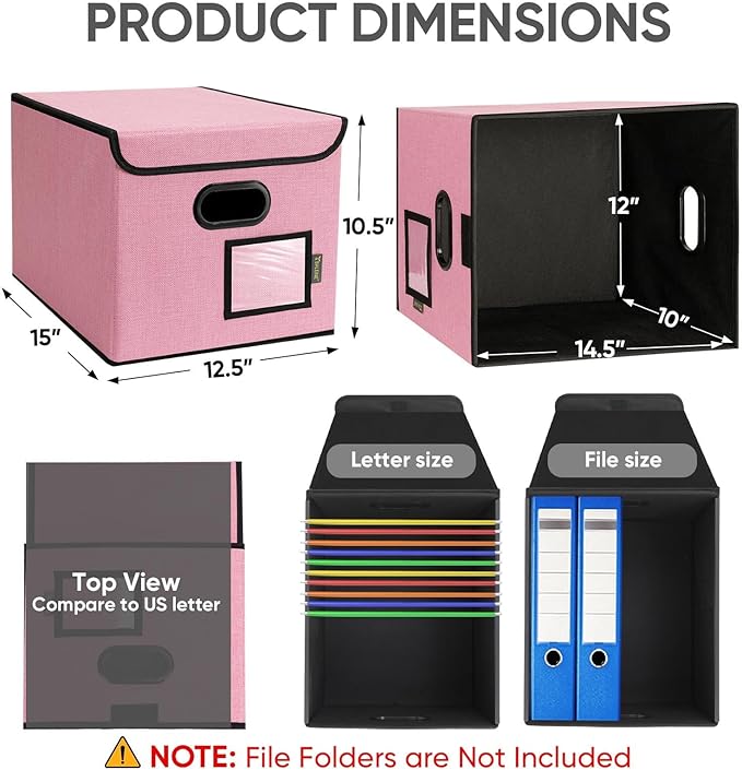 BALEINE File Organizer Box with Lid, Collapsible File Folder Organizer with Plastic Slide, Hanging File Folder Box for Office Document Storage (2 Pack, Pink) - Image 2