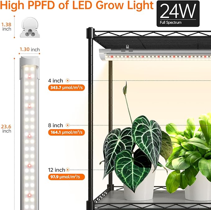 Bstrip Plant Shelf with Grow Light, Metal Plant Stand with Adjustable Rack and Wheels, 5 Pack T8 Full Spectrum Grow Light Strip for Indoor Plants, Seed Starting, Seed Tray, 35.4"x13.8"x71" - Image 6