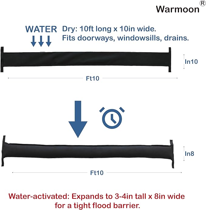 Warmoon 10ft Self-Absorbing Flood Barriers - Ideal for Home Doorways, Garage Floors & Commercial Entrances, Quick Water Activation (10ft (Pack of 1)) - Image 3