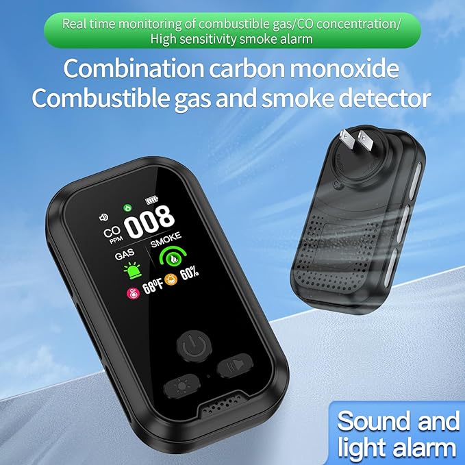 5IN1 Plug in Smoke & Carbon Monoxide Detector & Combustible Natural Gas Combination Builti-in Backup Battery HD Screen [Smoke CO Gas Temp Humidity Sensor] for Home Hotel RV (1-Pcs, Black) - Image 5