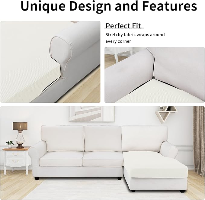 Easy-Going Stretch Sectional Couch Covers 1 Piece Chaise Lounge Slipcover L Shape Separate Cushion Couch Seat Chaise Cover for Both Left/Right Sectional Couch Cream - Image 3