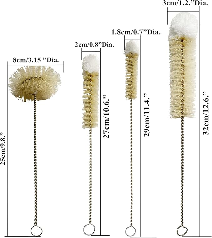 Coralpearl Bottle Brushes Thin Long Handle X 4, Skinny Wire Cleaner Set in Stainless Steel with Natural Boar Bristle at Wool Tip, Bendable Flexible for Cleaning Narrow Neck Bottles, Pipe, Tube, Hose - Image 2