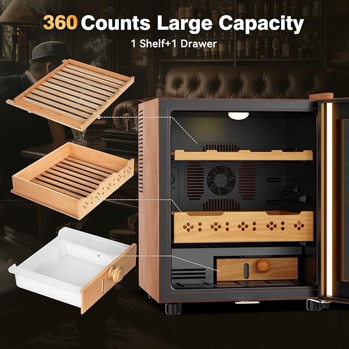 Electric Cooler Cabinet 50L with Temperature and Humidity Control, Leather Finish, Spanish Cedar Wood Shelves and Safety Lock (400 Counts Capacity), Gift for Men - Image 5
