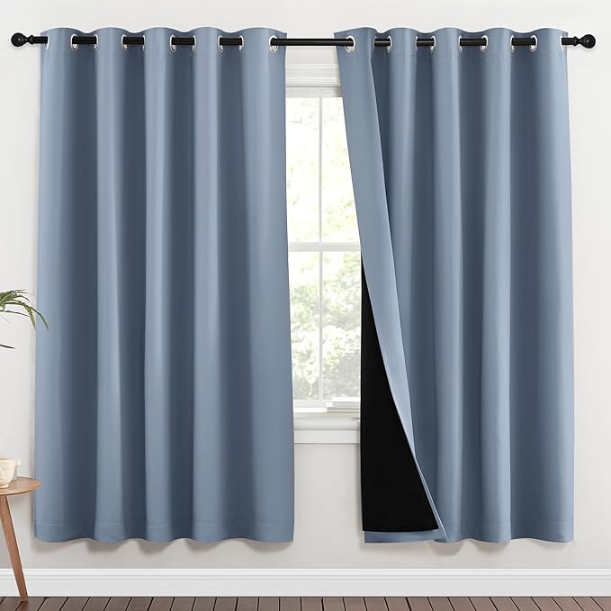 NICETOWN 100% Blackout Window Curtain Panels, Vintage Blue, 2 Pieces, 62-inch Wide Per Panel, Full Light Blocking Drapes with Black Liner for Nursery, 72-inch Drop Thermal Insulated Draperies by NICETOWN