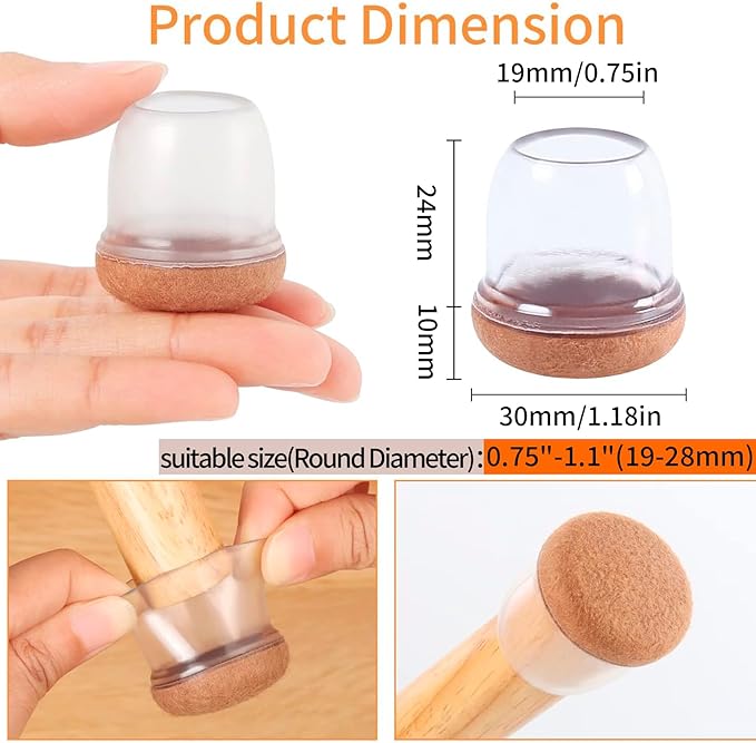 Silicone Chair Leg Floor Protectors with Felt, 16PCS Folding Card Table and Chairs End Tips Chair Leg Caps for Hardwood Floor, Clear Metal Furniture Feet Floor Protectors(Round, Fit:0.75"-1.1") - Image 4