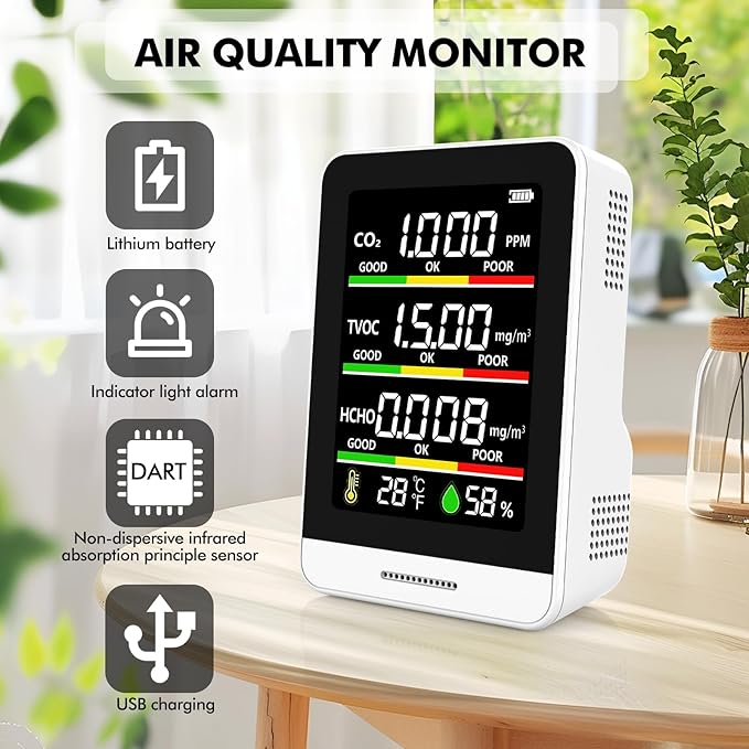 Air Quality Monitor Indoor,8-in-1 Smart Air Quality Tester with CO2, TVOC, HCHO, AQI, Temperature & Humidity, Real Time Display, Battery Powered, for Home & Office (White) - Image 2