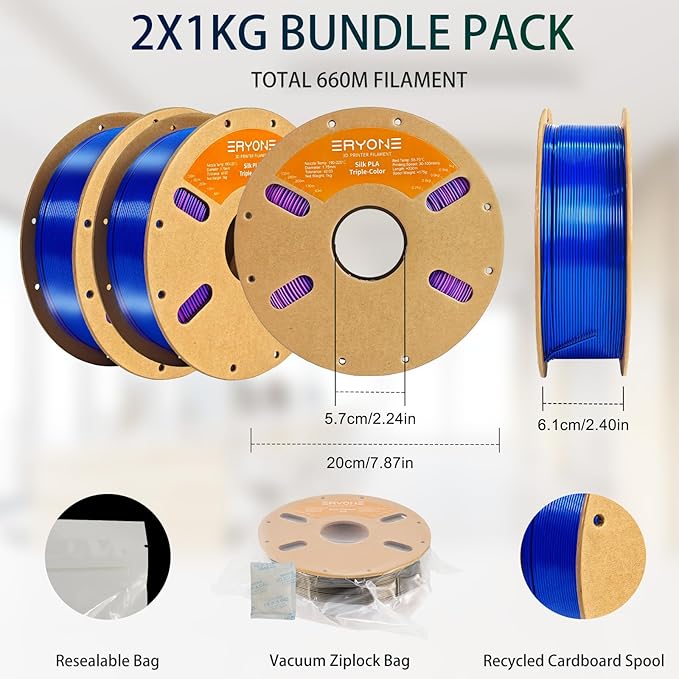 ERYONE Silk Tri Color PLA Filament 3D Printer 1.75mm +/- 0.03mm, Multicolor Filament Tricolor PLA Bundle 2KG Cardboard Spool, Blue Purple Black - Image 6
