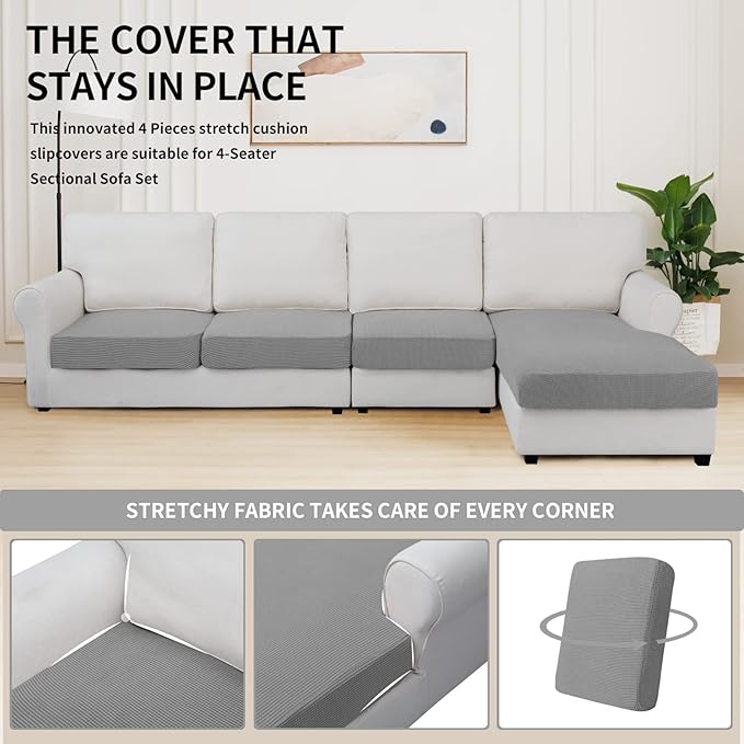 Easy-Going Stretch 4 Pieces Couch Cushion Covers for Sectional Sofa Left/Right L Shape Chaise Lounge Sofa Seat slipcover Anti-Slip Sofa Cover Soft (3 Seater + 1 Chaise, Light Gray) - Image 5