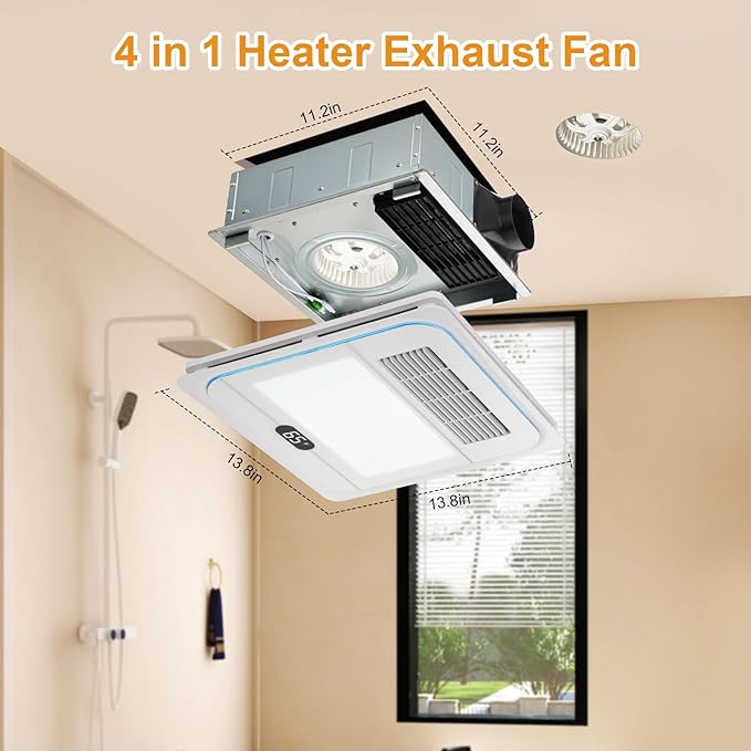 13.8 IN Bathroom Exhaust Fan with Light and Heater 1800W, 4 in 1 220 CFM Bathroom Exhaust Fan with Heater, 12W LED Light, Metal Housing 1.0 Sone with Heating, Ventilation, Remote Control - Image 2