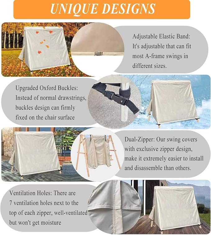Patio Swing Cover A-Frame Swing Covers Waterproof 3 Seat UV Resistant Weather Protector for Outdoor Courtyard Patio Furniture 72x67x55 Inch Beige - Image 4