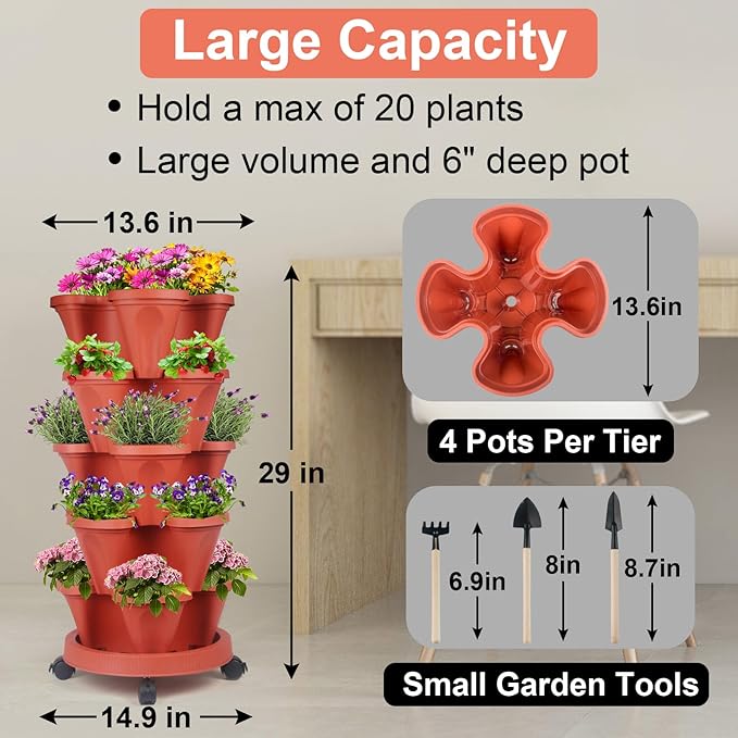 DUNCHATY 5 Tier Plant Pot, Vertical Garden Planter, Strawberry Planter, Indoor/Outdoor Planters, 2 Set, Brick Red, 29 x 13.6 x 13.6 inches - Image 6