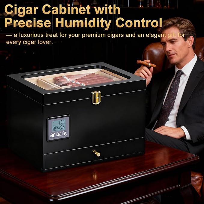 Electric Humidor Cabinet with Precision Humidity Control & Digital Display | 65-Capacity Double Cedar Shelves, Glass Top & Accessory Drawer Father's Day Gift for Men Black - Image 7