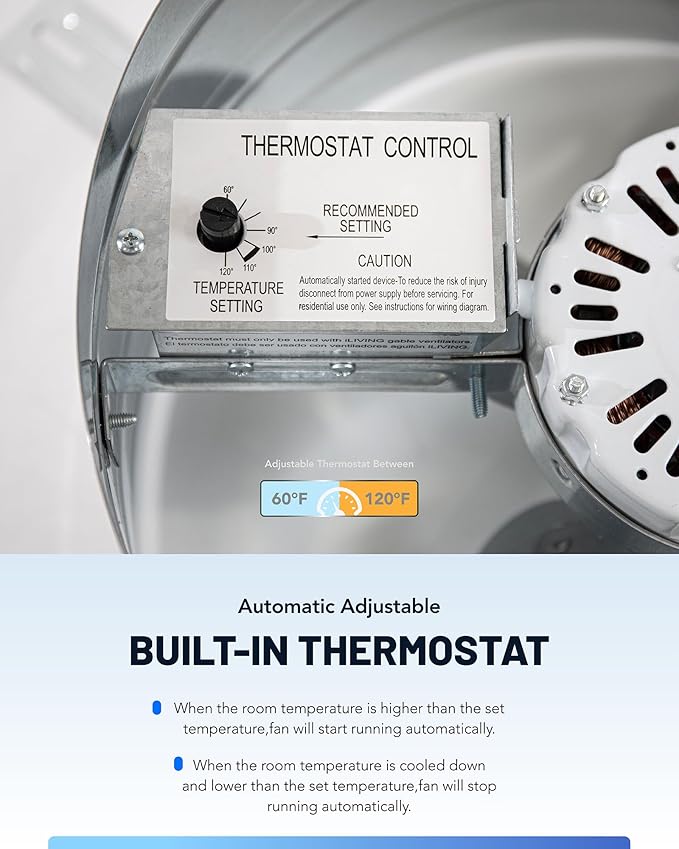 iLiving ILG8G14-12T Automatic Gable Mount Attic Ventilator Fan with Adjustable Thermostat, 2.85 Amp, 2339 CFM, Single-Speed | Automatic, 2339 CFM, 3.10 Amp, Single-Speed - Image 7