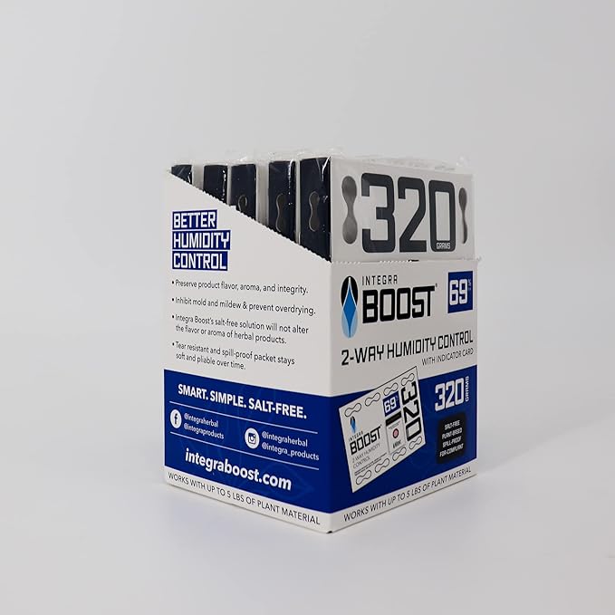 Integra Boost 69% RH, 2 Way Humidity Control Packs – 320g Size for Storing 80oz – Pack of 5 | Moisture Absorbers for Large Containers – Humidifier Packets for Herbs, Spices in Retail Display Box by IntegraSpecialtyProducts