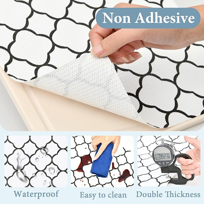Shelf Drawer Liners for Kitchen Cabinets 17.3 x 354 Inches Non Adhesive Drawer Liner Thickened Refrigerator Liner Black Quatrefoil Strong Non-Slip Paper for Tool Box with Knife and Tape Measure - Image 5