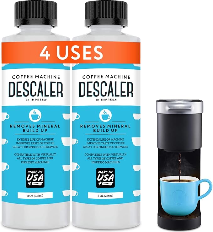 Descaler (2 Pack, 2 Uses Per Bottle) - Made in the USA - Universal Descaling Solution for Keurig, Nespresso, Delonghi and All Single Use Coffee and Espresso Machines by IMPRESA