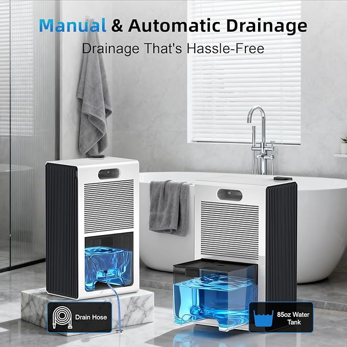 Dehumidifier for Home (85 OZ, 1000 sq ft) Small Dehumidifiers for Basement, Auto Shut-Off, Sleep Mode, 7 Color Light, Quiet Dehumidifier for Bedroom, Bathroom, Living Room with Drain Hose(White Black) - Image 7