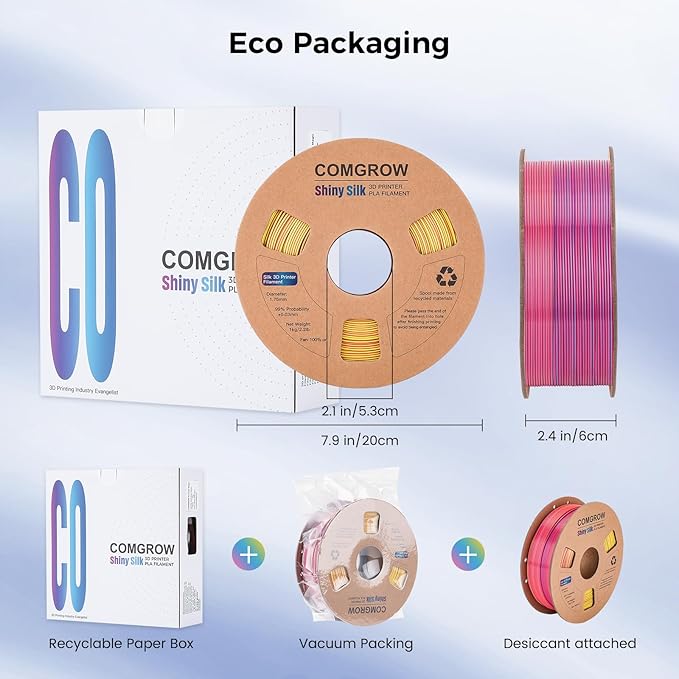 Comgrow Tri-Colors Silk PLA 3D Printer Filament, Rainbow PLA Filament 1.75mm, Dimensional Accuracy +/- 0.02 mm, 1KG Spool, Coextrusion 3D Filament with Shiny Silk Red-Blue-Yellow - Image 5