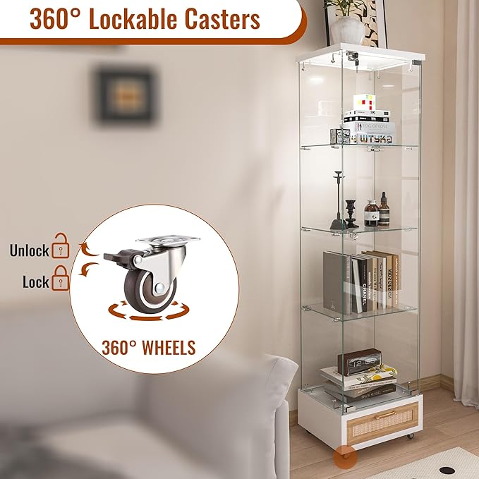 Yoluckea 4-Tier Glass Display Cabinet with LED Lighting and Drawer, 1-Door Floor Standing Curio Cabinet with Wheel for Home, Office, Corner Display, White Glass Bookshelf for Collections and Decor - Image 5