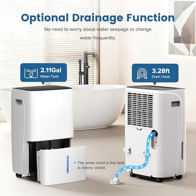 150 Pint Dehumidifier for Basement and Home, Covers up to 6,500 Sq. Ft Rooms, High-Efficiency Compressor Dehumidifier with Drain Hose and 2.11 Gallons Water Tank, Auto Shut-Off, 24HR Timer - Image 4
