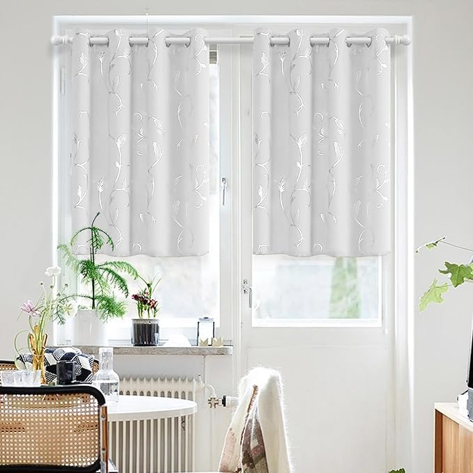 BUHUA Blackout Small Window Curtains for Kitchen and Bedroom Silver Foil Print Flower Grommet Short Thermal Insulated Room Darkening Curtains, Greyish White, 52Wx36L, 2 Panels - Image 2