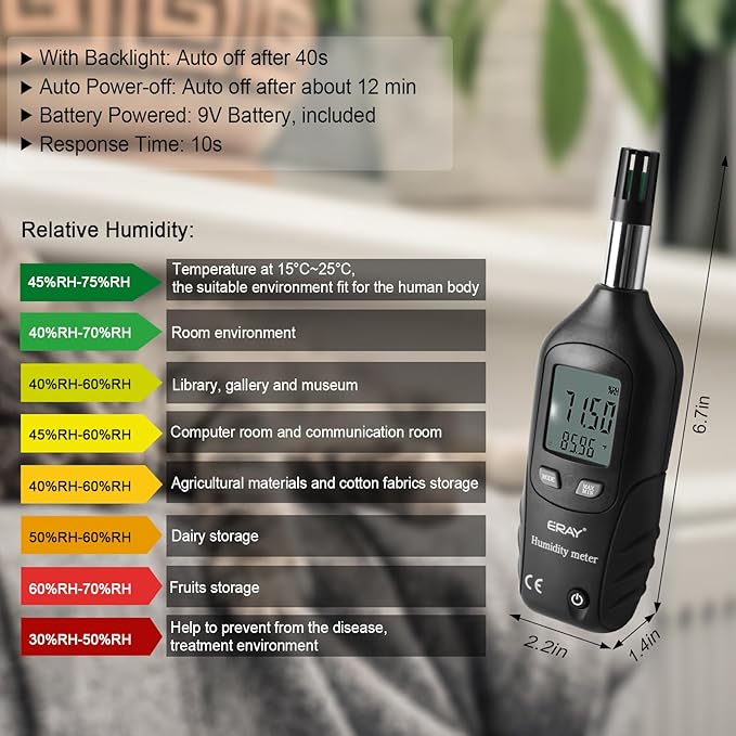 ERAY Digital Psychrometer Thermometer Hygrometer with Backlight, Temperature and Humidity Reader Meter Thermo-Hygrometer with Dew Point and Wet Bulb Temperature, 9V Battery Included(Black) - Image 3