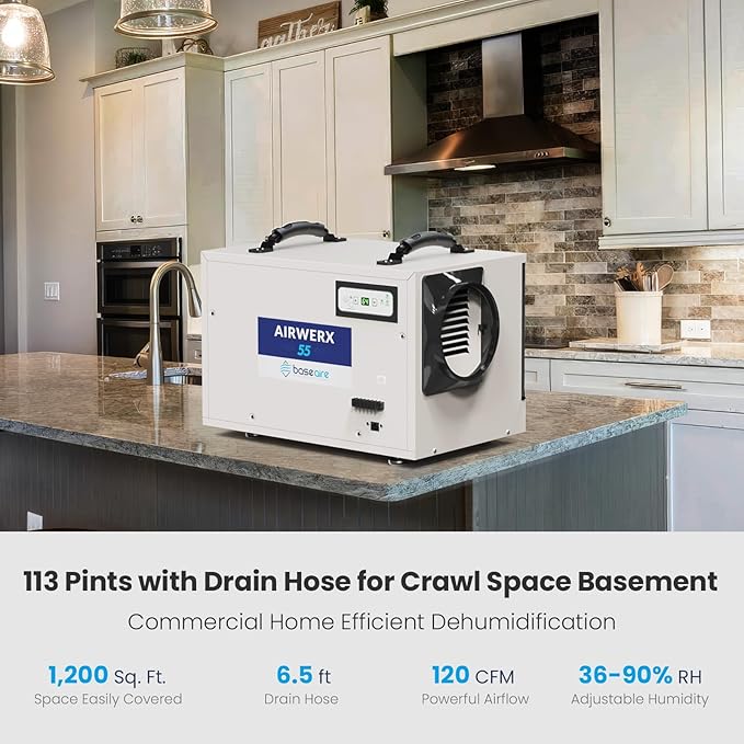 BaseAire Crawlspace Dehumidifier,113 Pints Commercial Dehumidifiers with Drain Hose for Whole House Basement, Industry, Compact, Auto Defrost, Memory Starting, Up to 1200 Sq Ft - Image 4
