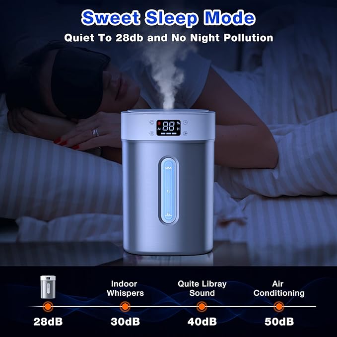 4L Ultrasonic Cool Mist Humidifier with 304 Stainless Steel Tank, Auto Humidity Control, Night Light, and Timer - For Large Rooms and Baby - Image 5