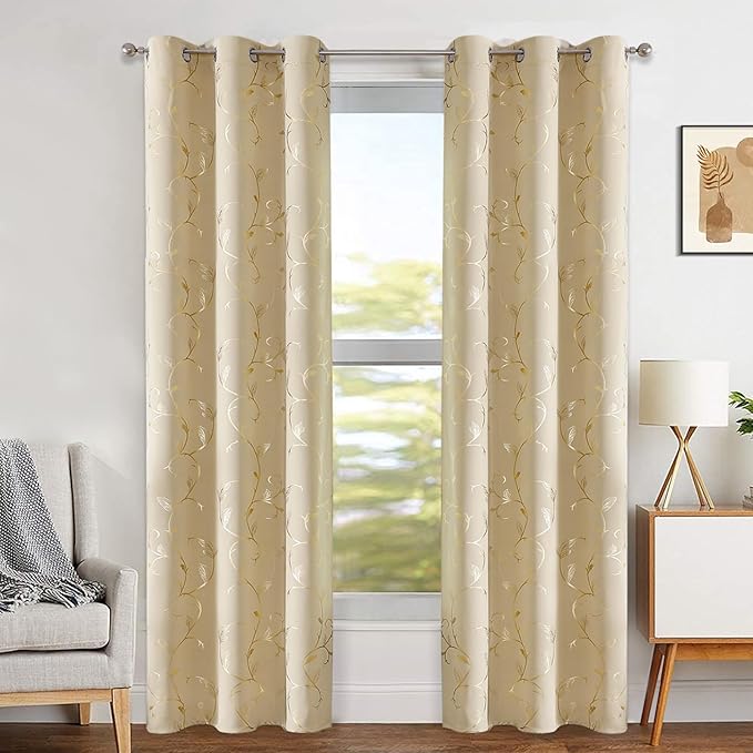 BUHUA Blackout Curtains Gold Foil Print Flower Vine Grommet Drapes, Room Darkening Thermal Insulated Curtains, Noise Reducing Blackout Curtain for Bedroom, Beige, 38Wx72L, 2 Panels - Image 2