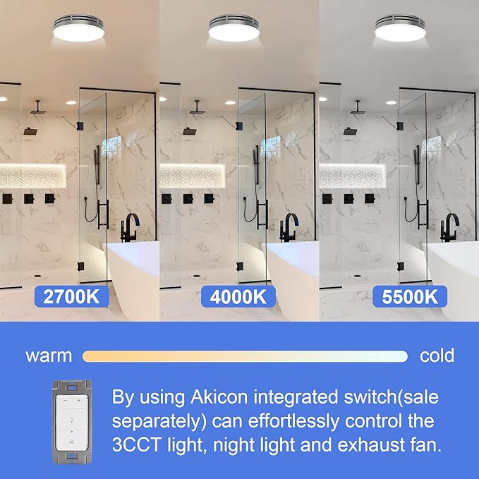 Akicon Bathroom Exhaust Fan with Light, 110CFM, 2.0 Sones for Ceiling, 1000lm Dimmable LED Light and 150lm Nightlight Dual Color Bathroom Vent Fan for Home, Round, Sliver - Image 3