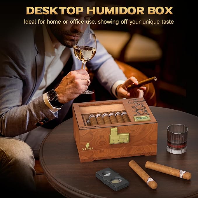 XIFEI Cigar Humidor Box, Cedar Wood Desktop Cigar Case with Digital Hygrometer, Humidifier, Divider, Accessories Drawer and Combination Lock, Glass Top Humidors Gift for Men (Brown) - Image 6