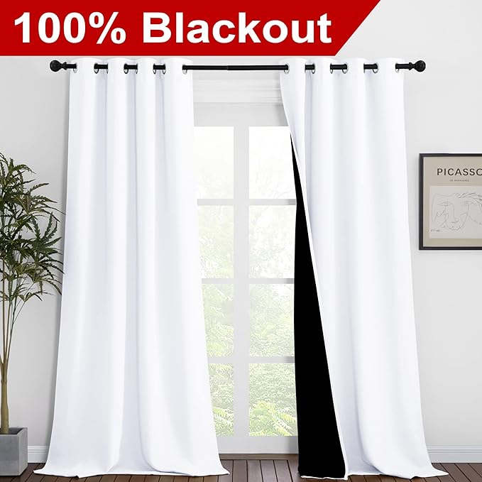 NICETOWN White 100% Blackout Curtains for Windows, Pack of 2, 46" W x 96" L, Super Heavy-Duty Black Lined Total Darkness Drapes for Bedroom, Privacy Assured Window Treatment for Patio - Image 2