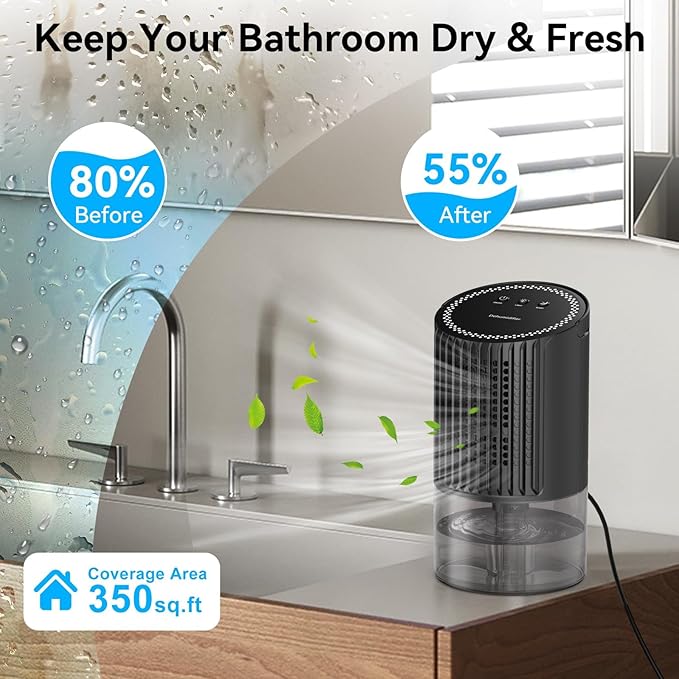 Dehumidifier, 34oz Small dehumidifiers for home, Ultra Quiet (25dB) 350 sq ft Mini Dehumidifier, Portable for Bathroom Bedroom Closet Basement RV, with 7-Color LED, Smart Defrost, Auto Shut-Off - Image 3