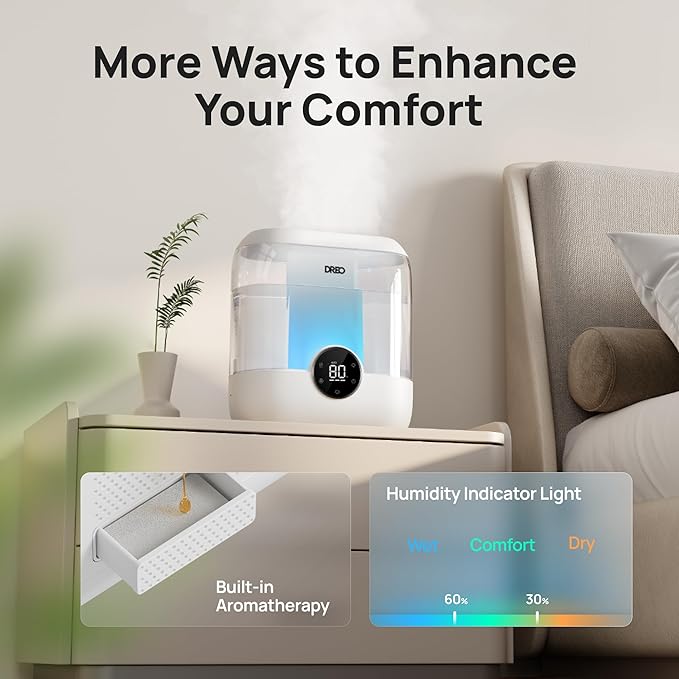 DREO 6L Top Fill Humidifiers for Bedroom, 60H Runtime 28 dB Quiet Supersized Cool Mist Air Humidifiers for Large Room, Baby Nursery, Plant, Indoor, Night Light, Easy to Clean, Precise Humidity Control - Image 6