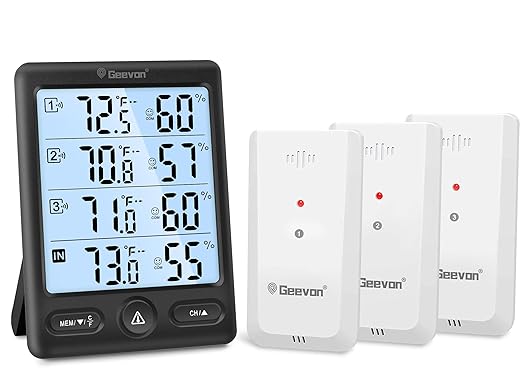 Geevon Indoor Outdoor Thermometer Wireless 3 Remote Sensors, 5-Inch Display Digital Hygrometer Thermometer Temperature Humidity Monitor with 8S Backlight, Battery-Powered (Black) by GEEVON