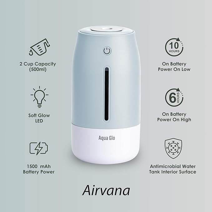 Aqua Glo Personal Humidifier – Ultrasonic Cool Mist, Rechargeable Battery for 15 Hours Use, 2-Cup Water Tank, Quiet Operation. Ideal for Travel, Office, Bedroom, Plants, and Home. Blue Mist - Image 4