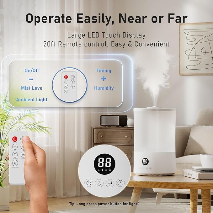 Humidifiers for Bedroom, 1Gal Top Fill Humidifier for Large Room, 250ml/h Cool Mist Output Humidificador, 24dB Quiet Air Humificador with Remote, Easy to Fill & Clean, fit Baby & Plants (White) - Image 4