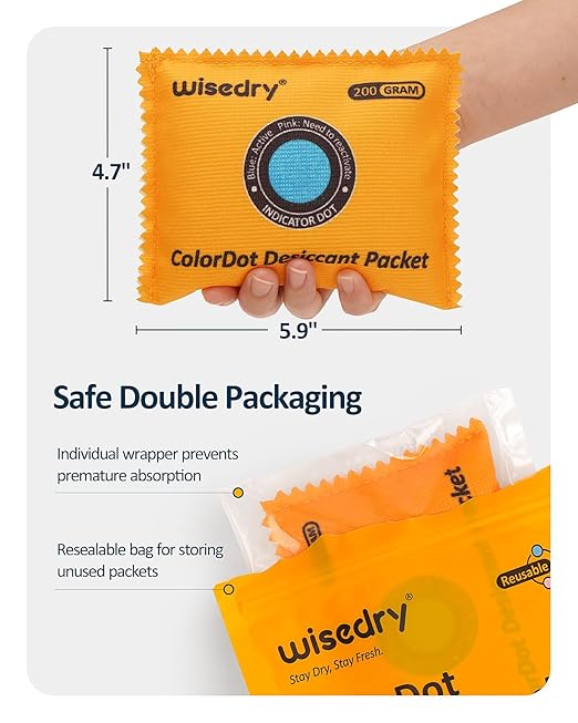 wisedry 200g [3 Packs] Rechargeable Large Desiccant Packs for Storage, Color Indicating Silica Gel Desiccant Packets, Reusable Moisture Absorbers Bags for Clothes, Suitcase, Gun Safe, Tool Box - Image 6