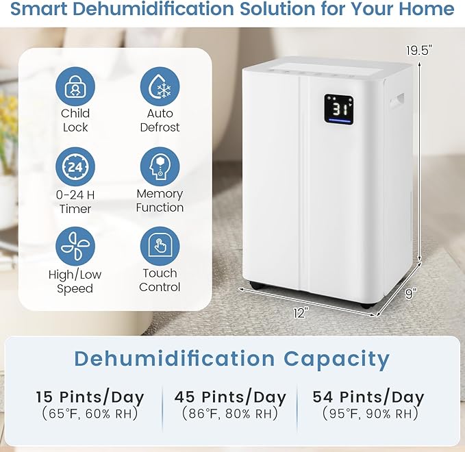 ARLIME 4500 Sq.Ft Dehumidifier for Basement, 54 Pints Dehumidifier with 4L Water Tank, 3 Modes, Timer, Memory, Child Lock, Auto Defrost, LED Display & 3-Color Indicator for Home, Bedroom, Bathroom - Image 7