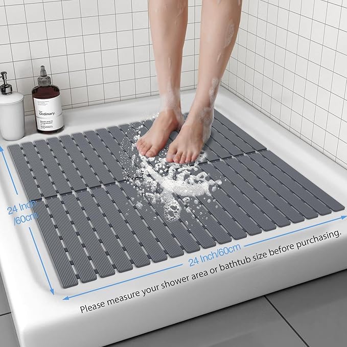 ​Shower Mat Non-Slip Bath Mat for Tub and Shower Stall,200+ Suction Cups with Drain Holes, Quick Dry Machine Washable, Extra Grip for Stand Up Showers, Bathroom Essentials 24x24 Inch (Light Grey) - Image 4