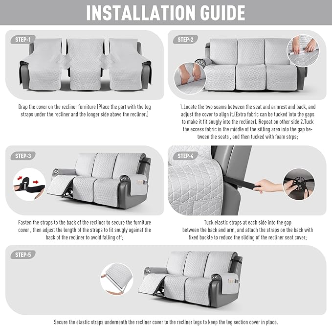 TAOCOCO 100% Waterproof Recliner Cover, Non-Slip Washable Reclining Couch Cover with Elastic Leg Straps, Furniture Protector for Dogs (Off White, 3 Seater) - Image 7