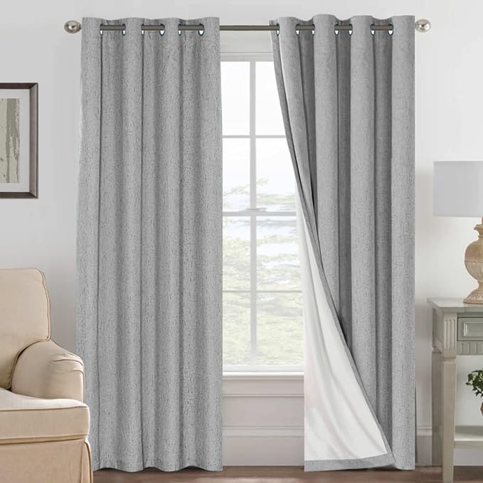 H.VERSAILTEX Linen Blackout Curtains 108 Inches Long 100% Blackout Thermal Insulated Textured Linen Look Curtain Draperies Anti-Rust Grommet, Energy Saving with White Liner, 2 Panels, Dove Gray by HVERSAILTEX