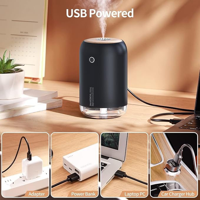 SmartDevil Portable Mini Humidifier, 500ml Desk Plant Humidifier, USB Personal for Bedroom, Office with Night Light, 2 Mist Modes, Black - Image 4