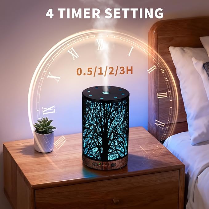 Essential Oil Diffuser 120ML Metal Aromatherapy Diffuser with Timer, Cool Mist Humidifier with Auto Shut-Off & 7 Color Lights for Home Office Spa (Tree) - Image 3