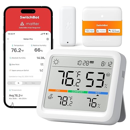SwitchBot Meter Pro, Digital Hygrometer & Thermometer - Wireless Indoor Temperature & Humidity Monitor with Bluetooth App Control, Real-Time Alerts, Works with Apple Home by SwitchBot