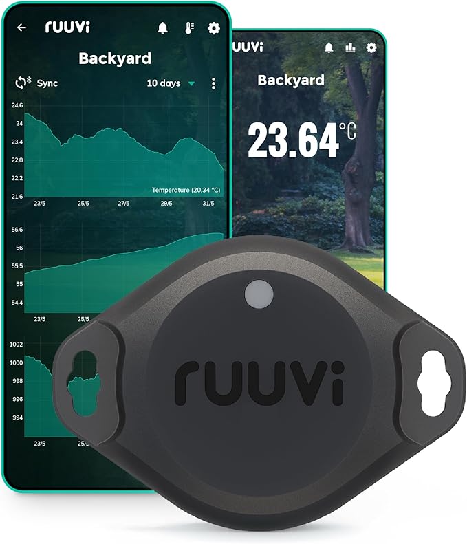 RuuviTag Pro 4in1 Wireless Bluetooth Temperature (°C/°F), Air Humidity, and Air Pressure. Alerts & History. Free Android/iOS apps. Integrates with Victron, Homey, and Home Assistant. Made in Europe. by Ruuvi
