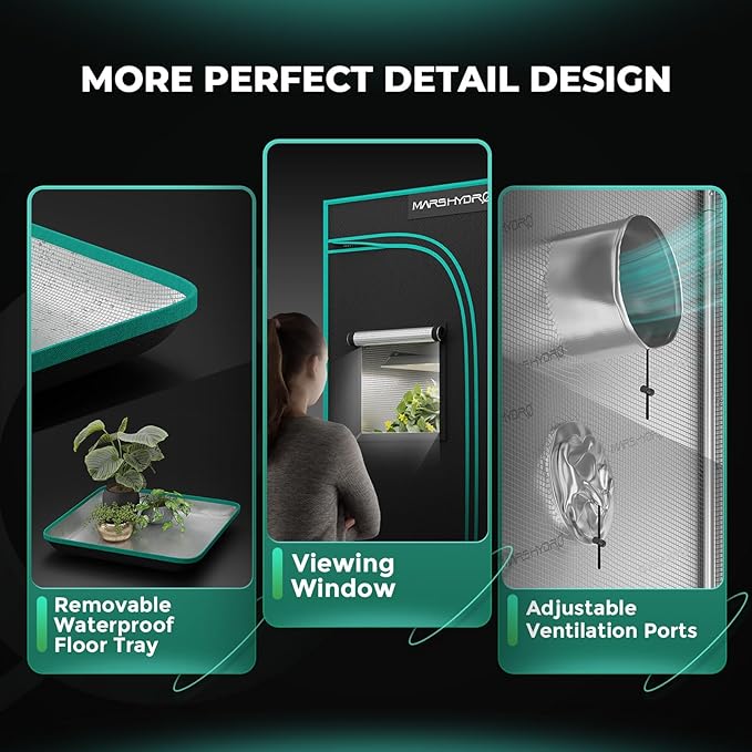 MARS HYDRO 2x2x4 Advanced Grow Tent, 24"x24"x48" High Reflective Mylar 1680D for Hydroponics Indoor Plant Growing, with Floor Tray and Smooth Zipper for TS600 - Image 7