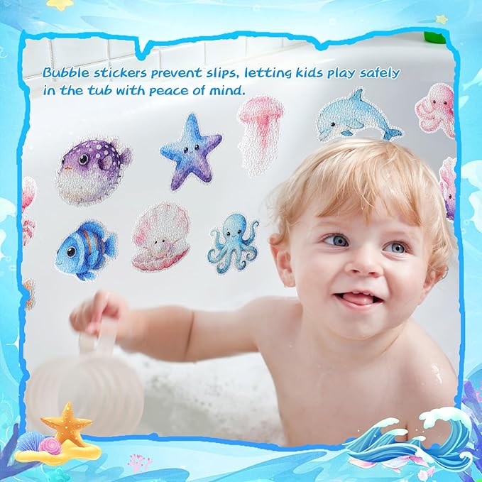 32 Pcs Cute Non Slip Bathtub Stickers for Shower Colorful Bathroom Anti Slip Shower Stickers Floor Applique Adhesive Decals with Scraper for Bathtub Bathroom Floor Pools(Sea) - Image 5