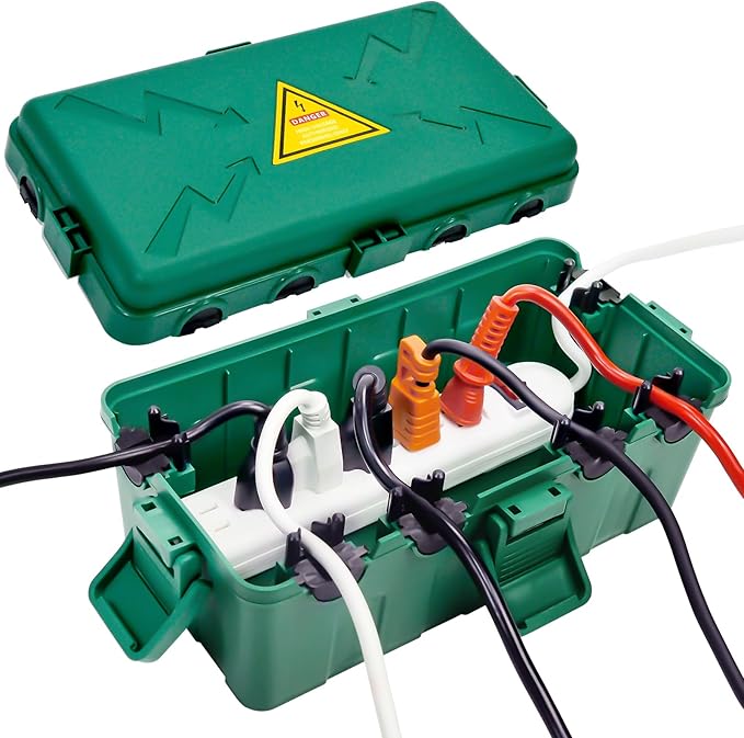 Hrensaw Medium Outdoor Electrical Box(10.6x5.7x4.9inch),Weatherproof Connection Box w/6 Cable Entry,IP54 Waterproof Extension Cord Cover Protect Power Strip,Timer,Plug,Holiday Lights,Green by Hrensaw